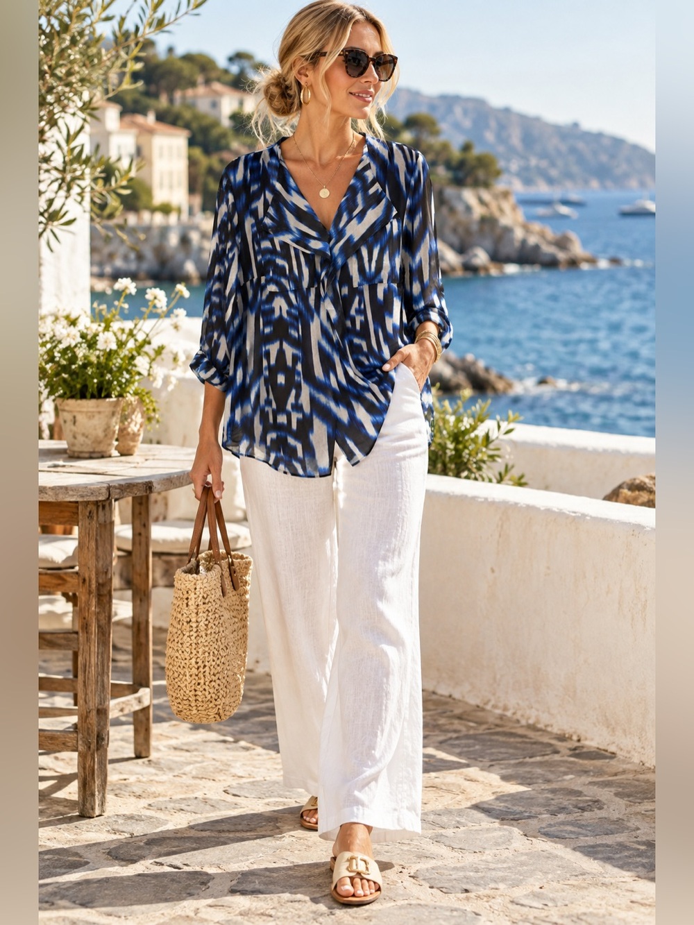 Calvin Klein Blue and Black Abstract Button-Down Blouse